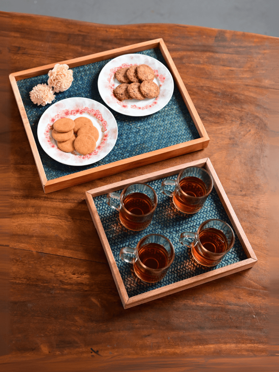 Handmade Small Ocean Blue Sitalpati Tray - Kadam Haat