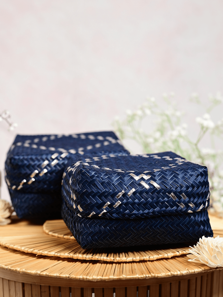 Handmade Zari Sitalpati Blueberry Gift Box - Kadam Haat