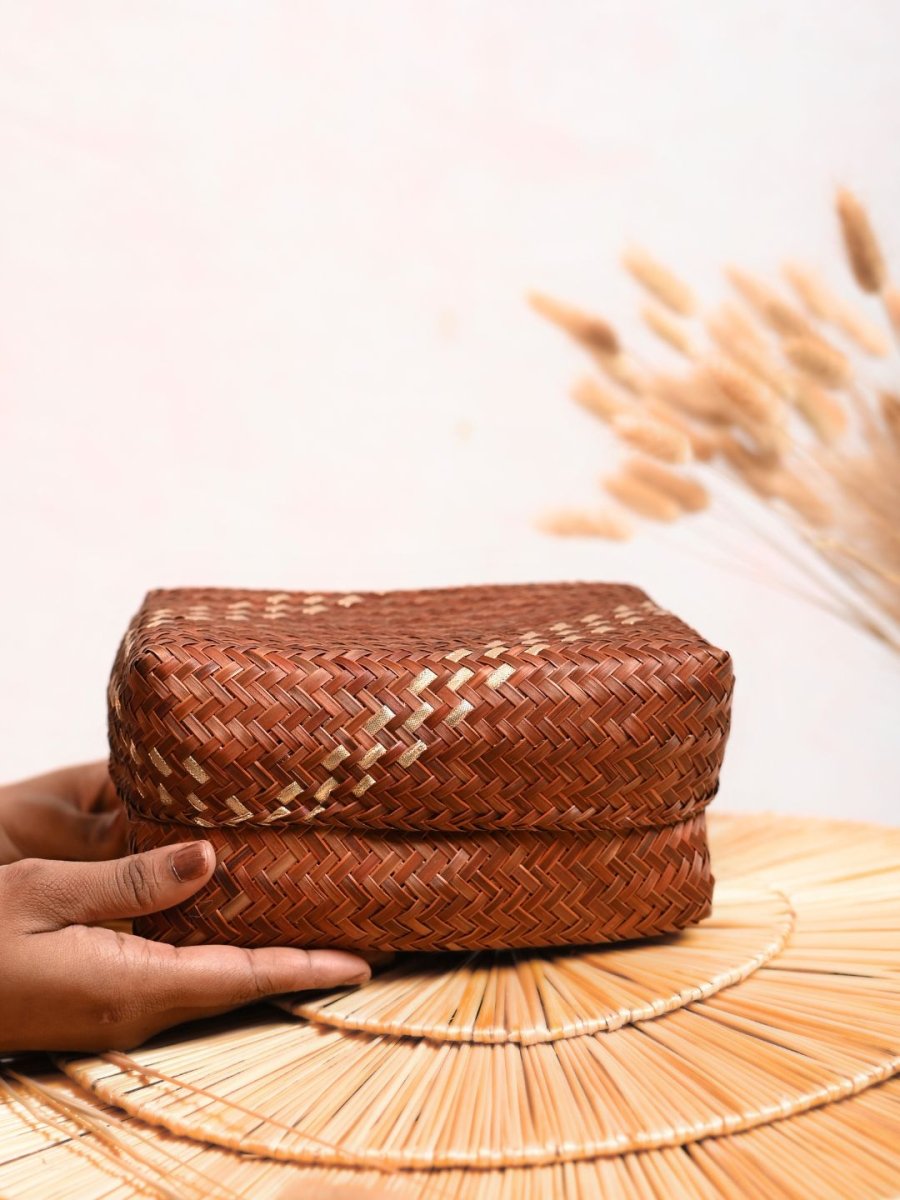 Handmade Zari Sitalpati Maple Gold Gift box - Kadam Haat