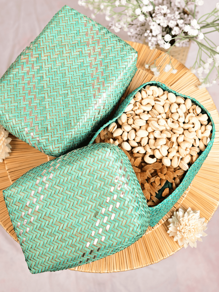 Handmade Zari Sitalpati Sage Leaf Gift Box - Kadam Haat