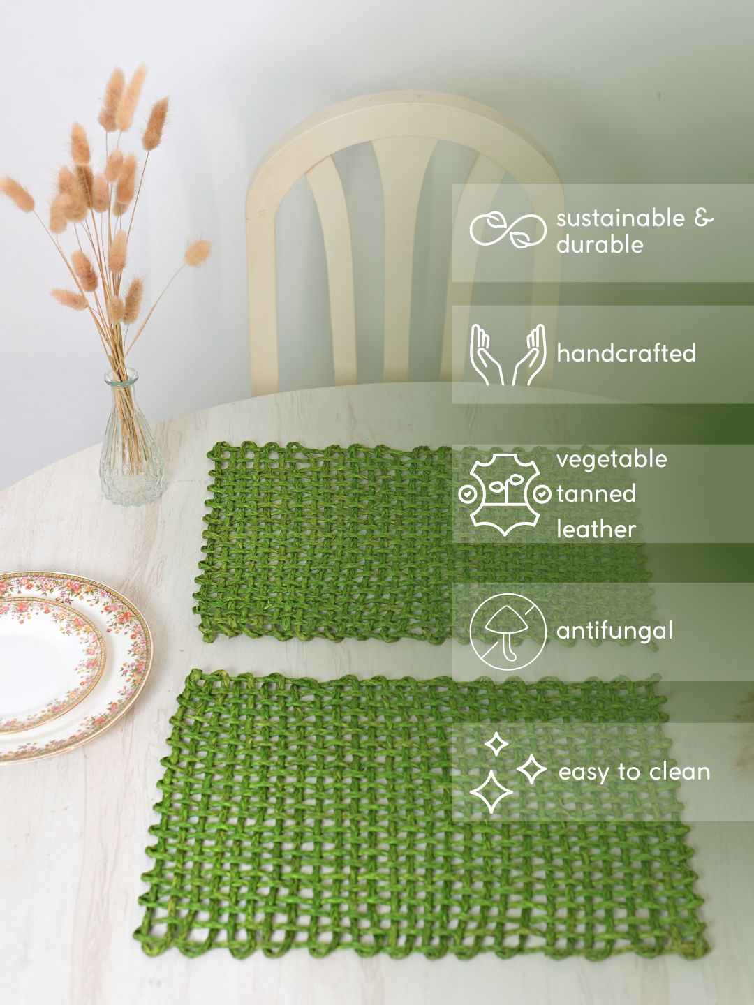 Handmade Sabai Grass Table Mat - Rectangular Set of  6, Green